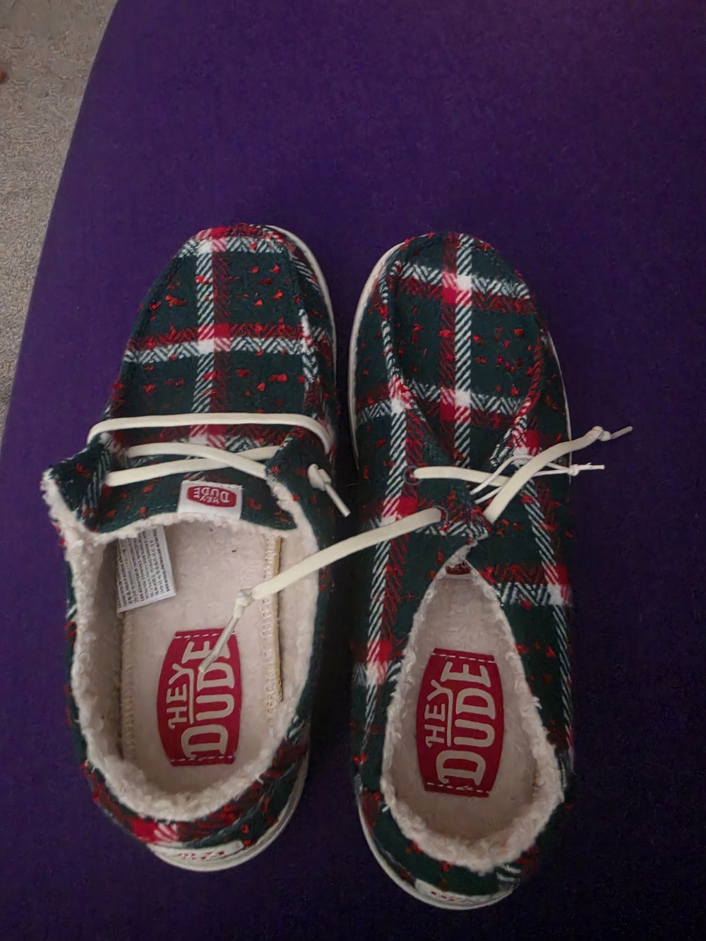 Hey Dude Christmas Womens Plaid Slip-Ons in Green, Red and White - NEVER WORN